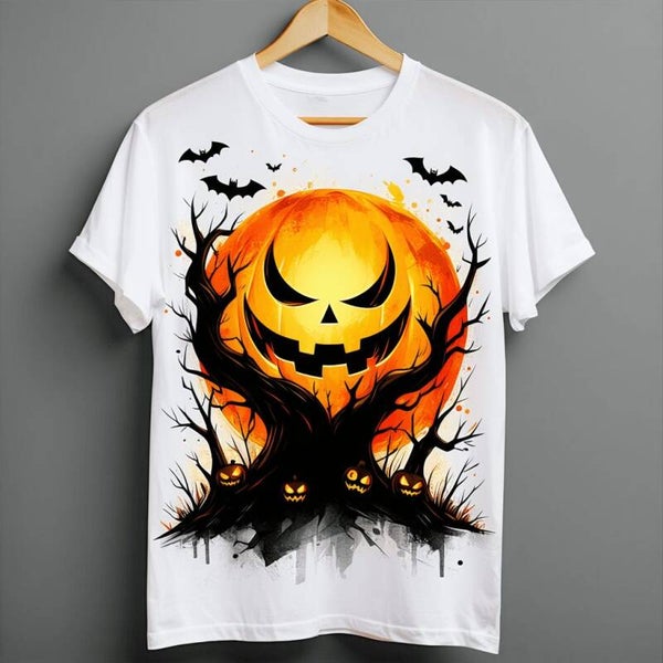 Maglietta Halloween Zucca Horror – T-Shirt Bianca con Zucca Spaventosa, Pipistrelli e Alberi Stregati