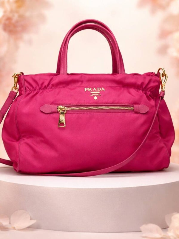 Prada Hot Pink Nylon Tote with Gold Hardware