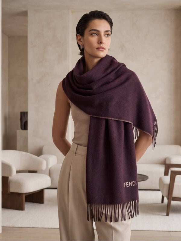 Fendi Wool Scarf – Burgundy & Beige with Fringe Detail