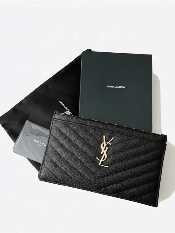 Saint Laurent Monogram Quilted Zip Pouch – Black Grain de Poudre Leather