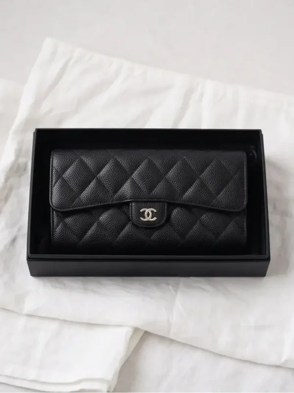 CHANEL Classic Flap Wallet – Black Quilted Caviar Leather with Silver Hardware