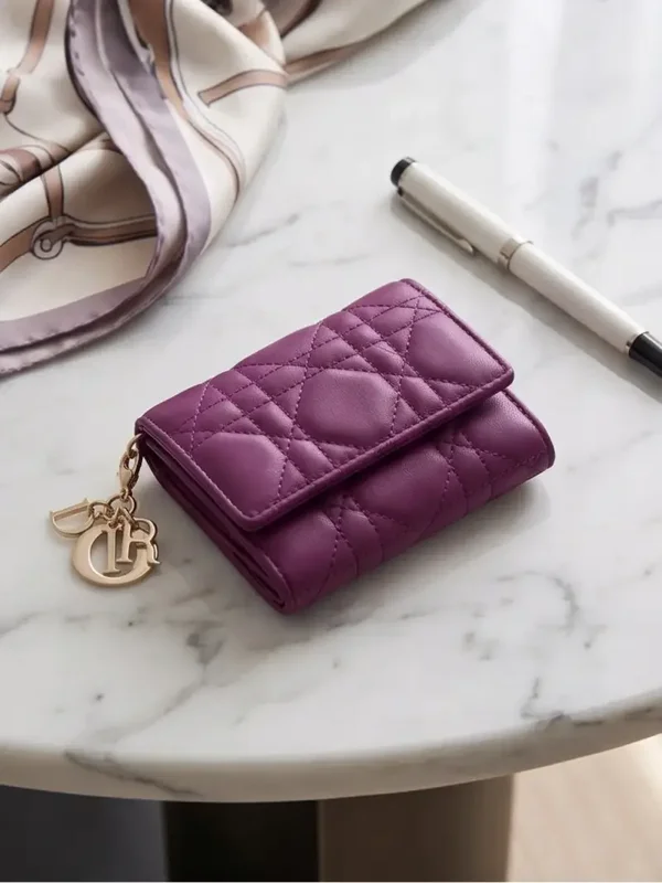 Dior Plum Quilted Leather Trifold Coin Wallet with Gold Charm