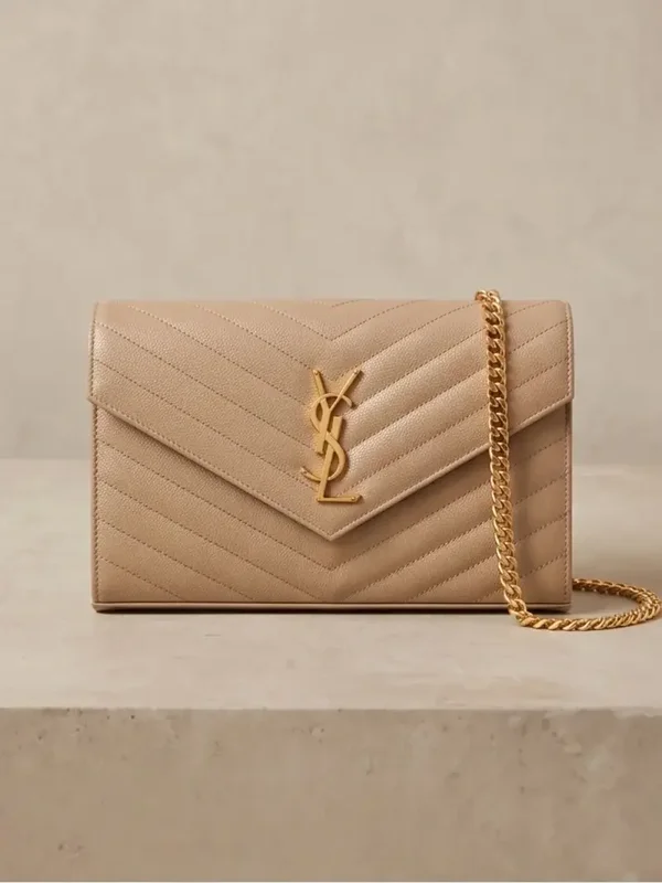 Saint Laurent (YSL) Large Cassandre Envelope Wallet on Chain – Beige Quilted Leather with Gold Hardware