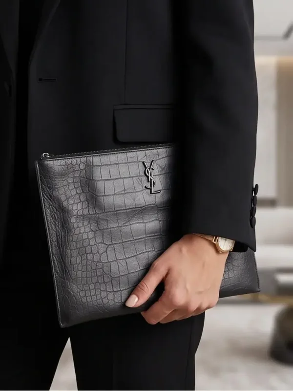 Saint Laurent YSL Monogram Croc-Embossed Leather Clutc