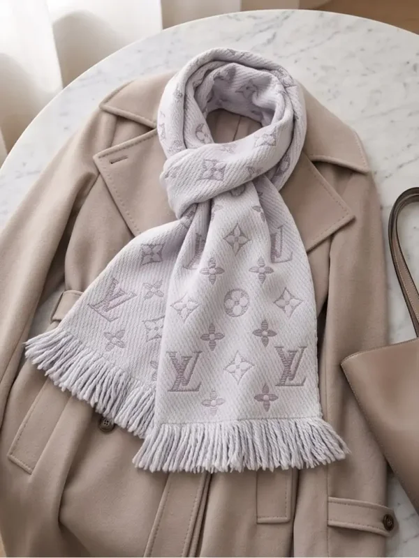 Louis Vuitton Logomania Scarf – Grey with Lilac Purple Monogram | Rare Colourway
