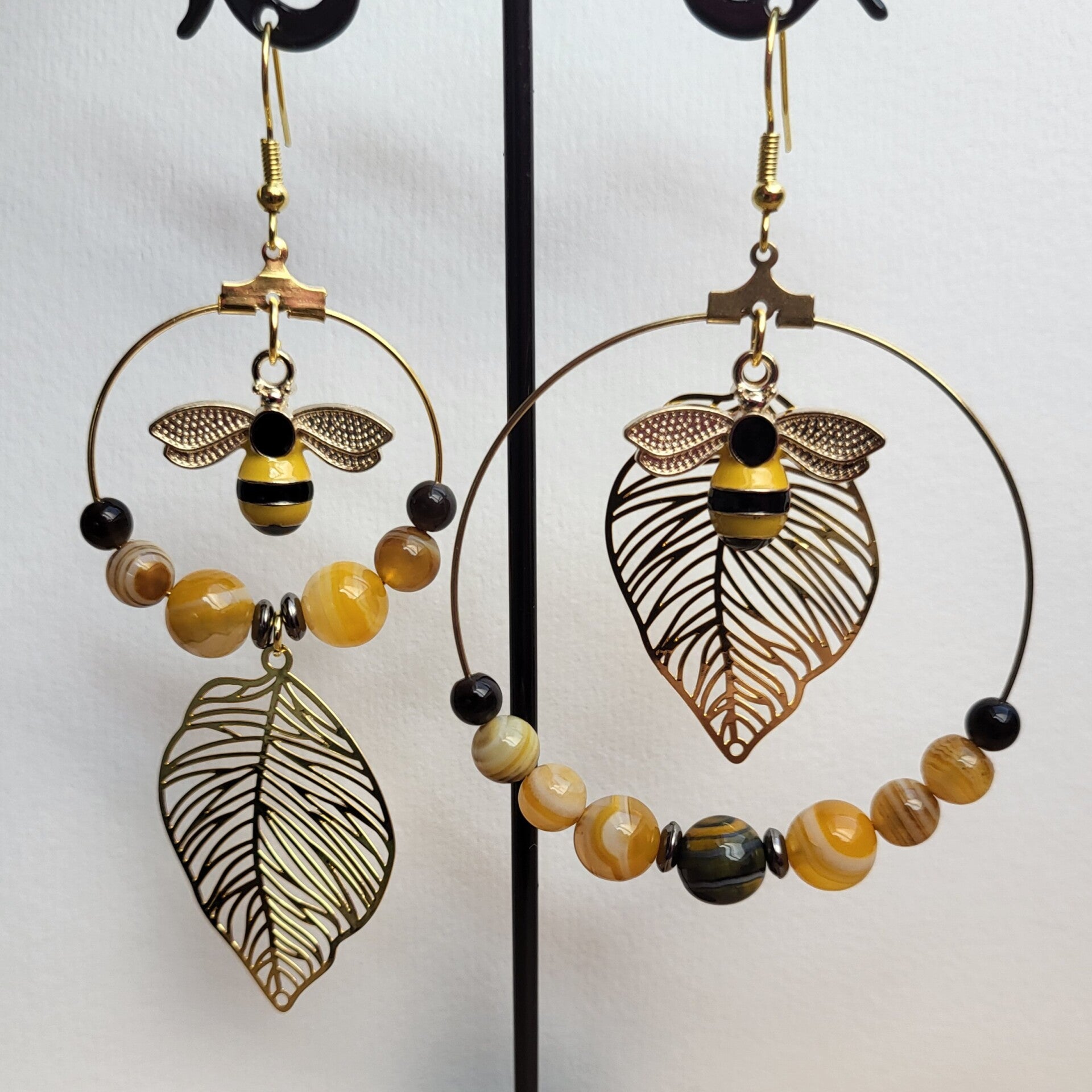 "Butineuses" - Boucles d'oreilles Agate bourdon & Obsidienne argentée