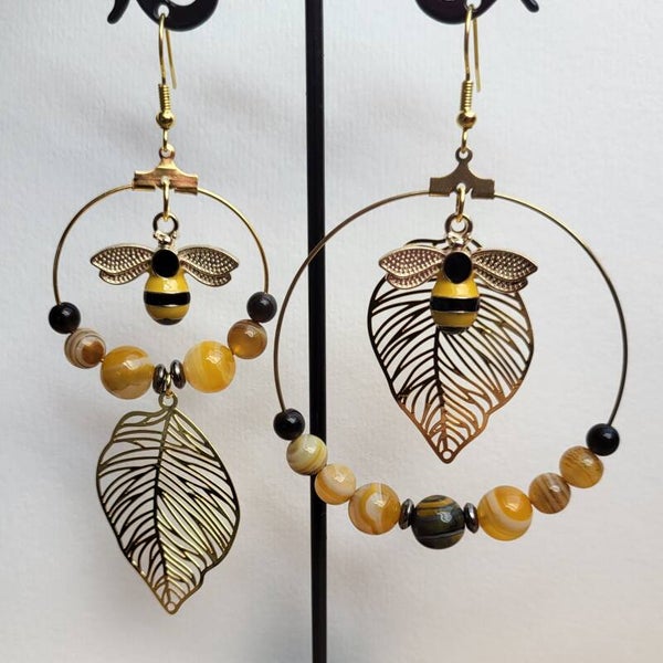 "Butineuses" - Boucles d'oreilles Agate bourdon & Obsidienne argentée