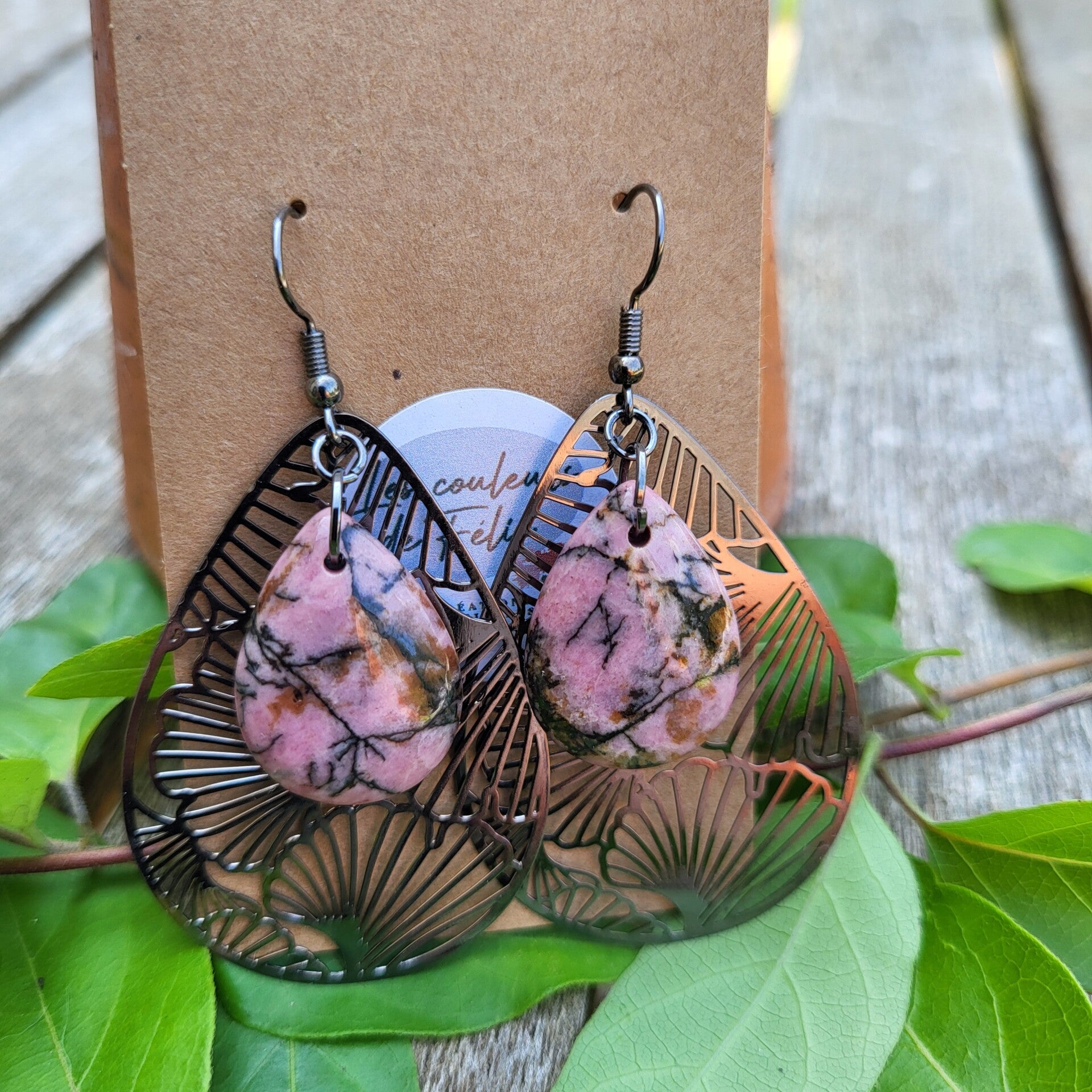 "Coquines" - Boucles d’oreilles Rhodonite "Dentelle noire"