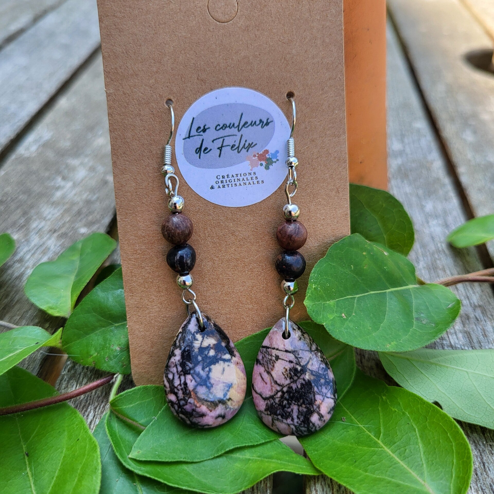 "Coquines" - Boucles d'oreilles Rhodonite "Dentelle noire"