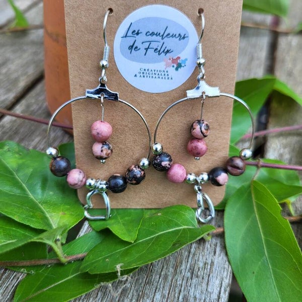 "Amitié" - Boucles d’oreilles Rhodonite "Dentelle noire"