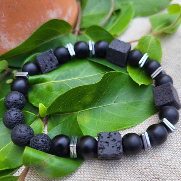 "Héphaïstos" - Bracelet Agate noire et pierre de lave