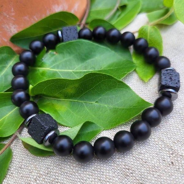 "Kratos" - Bracelet Agate noire, Hématite et Pierre de lave