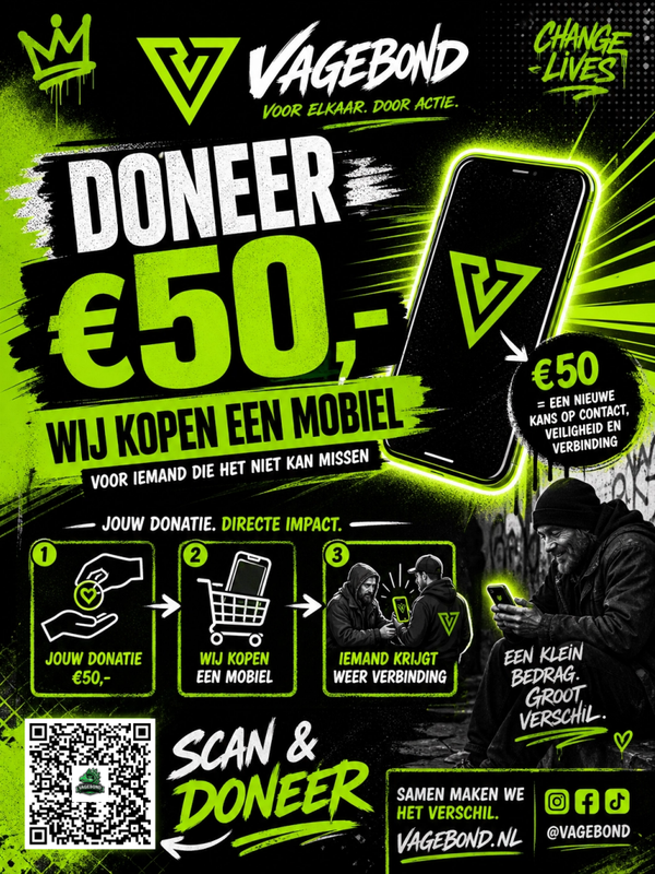 Doneer €50,-. Wij kopen een mobiel.