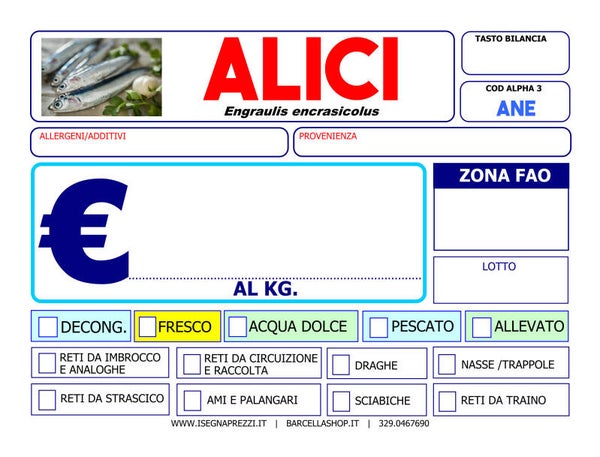 KIT 40 CARTELLINI PESCHERIA ITALIA MERIDIONALE 13,5X9,5
