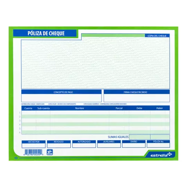 Póliza cheque 1/2 cartablock con 50 hojas