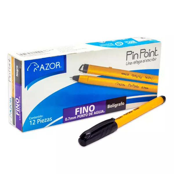 Bolígrafo fino Pin Point 0.7 mm color negro cuerpo amarillo caja con 12 pzas