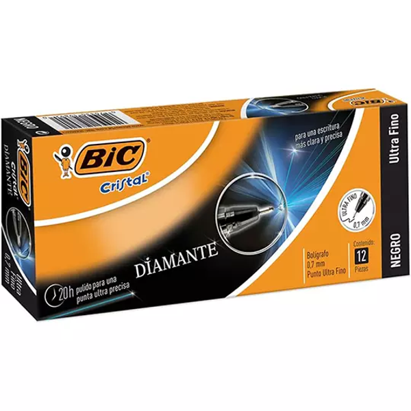 Bolígrafo BIC cristal diamante negro punto ultra fino 0.7mm caja con 12 piezas