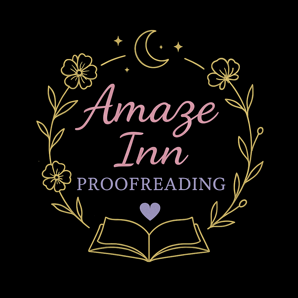 Amaze Inn Proofreading logo with flowers, crescent moon, and an open book. Amaze Inn is in pink typography. Proofreading is in light purple typography. .