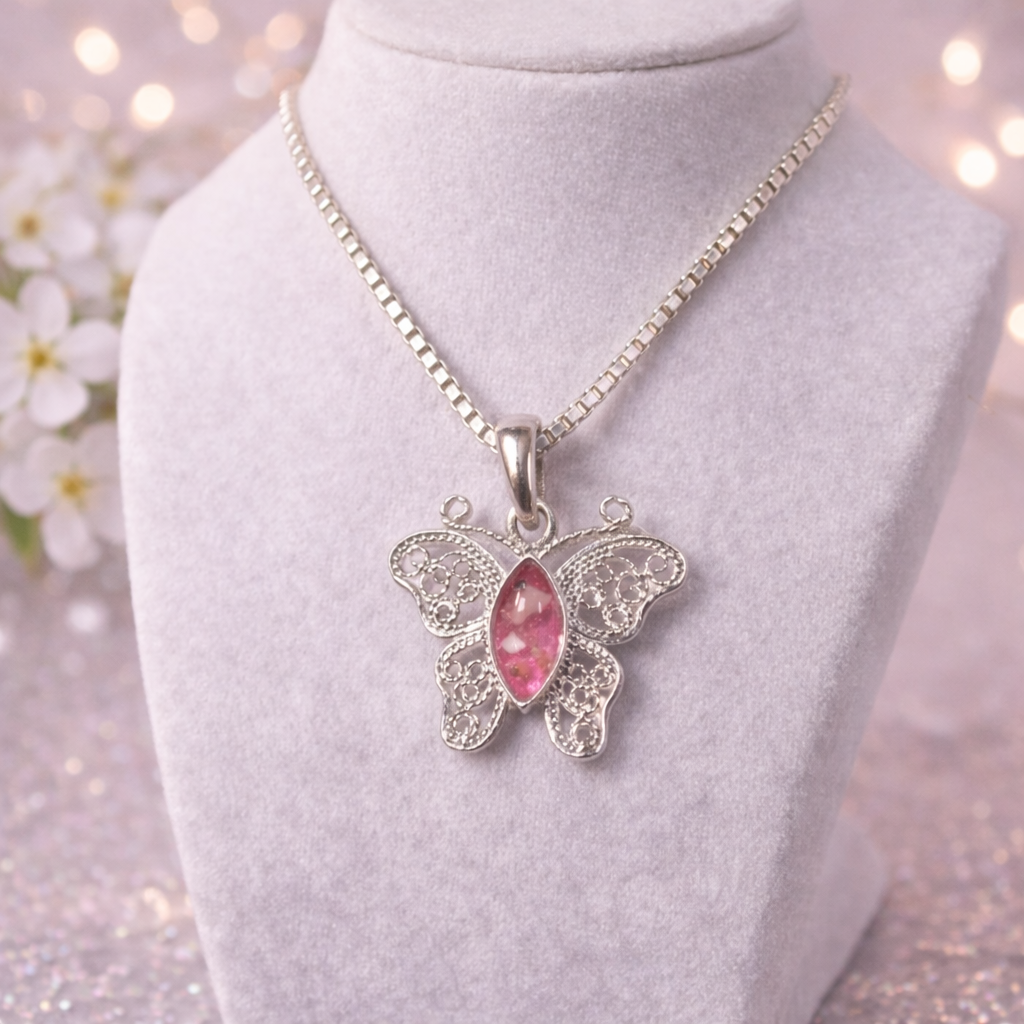Pretty Silver Filigree Butterfly Memorial Pendant Necklace