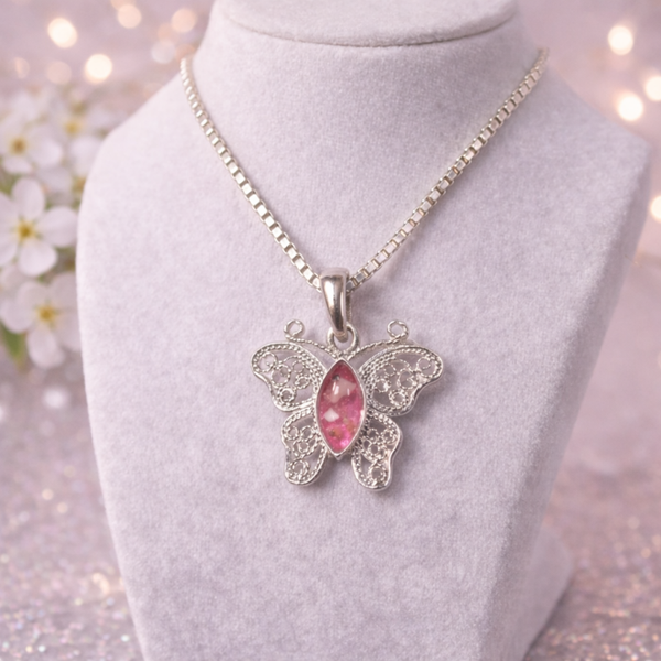 Pretty Silver Filigree Butterfly Memorial Pendant Necklace