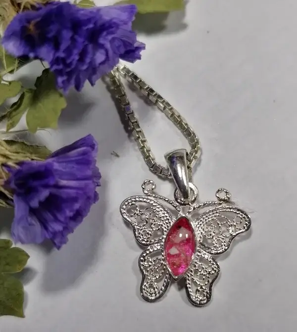 Pretty Silver Filigree Butterfly Memorial Pendant Necklace