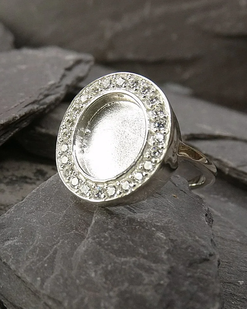 Sterling Silver Halo Ladies Memorial Ring with cubic zirconia