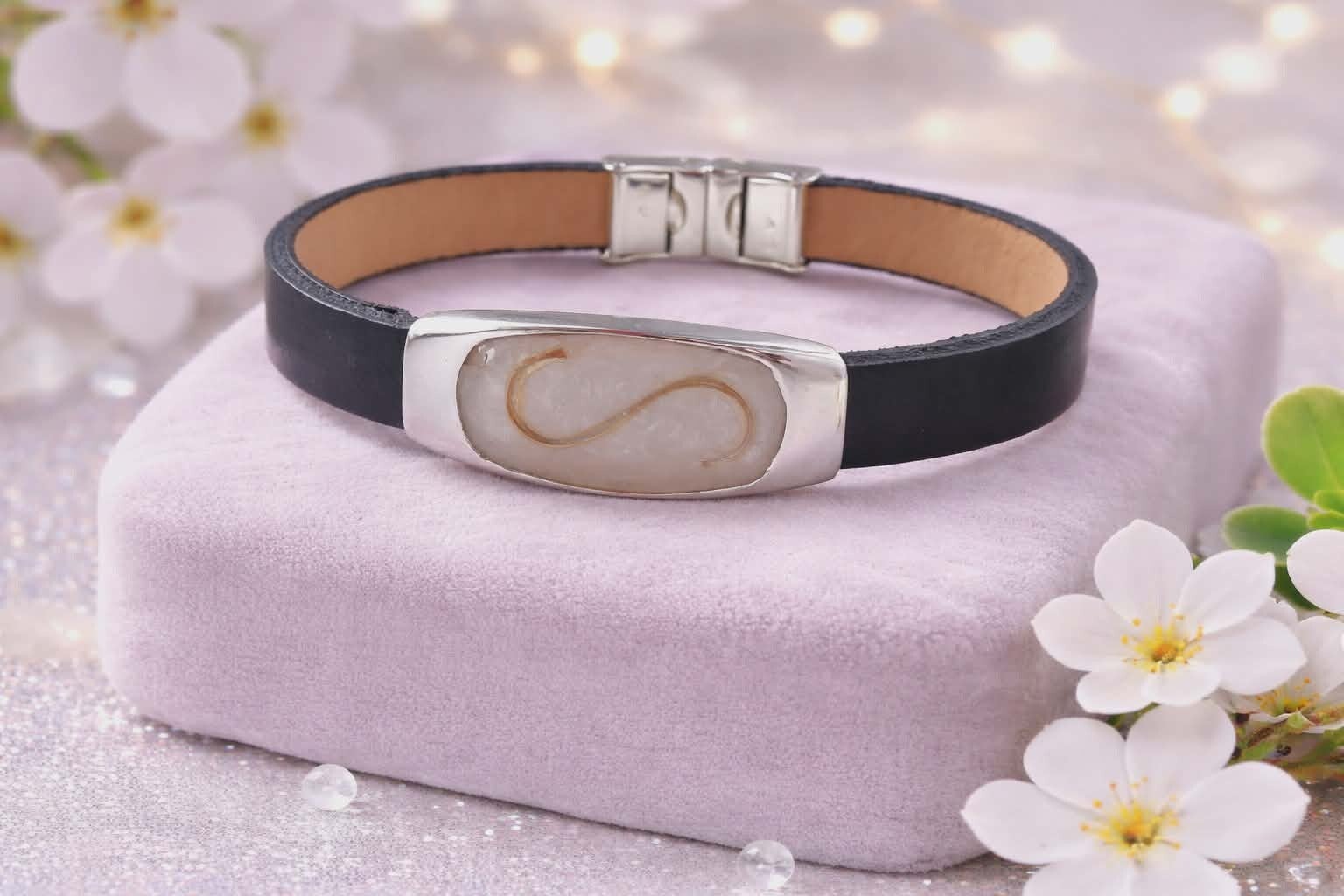 Gents silver and Leather Memorial  Bracelet