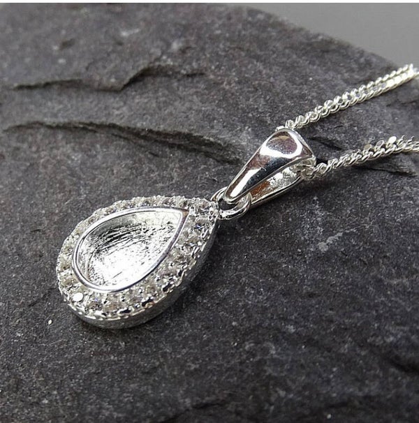 Sterling Silver Teardrop Memorial Pendant Necklace with Cubic Zirconia