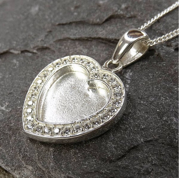 Sterling Silver Heart Memorial Pendant Necklace with Cubic Zirconia
