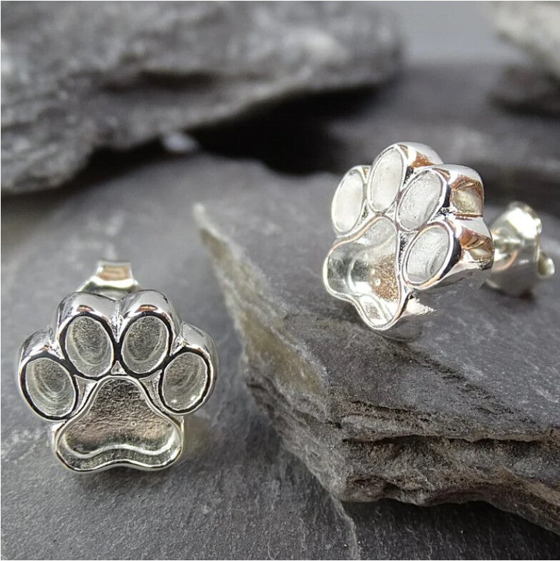 Silver Heart Paw Print Memorial Earrings