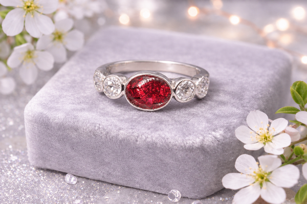 Sterling Silver Oval Ladies Memorial Ashes Ring with 4 cubic zirconia