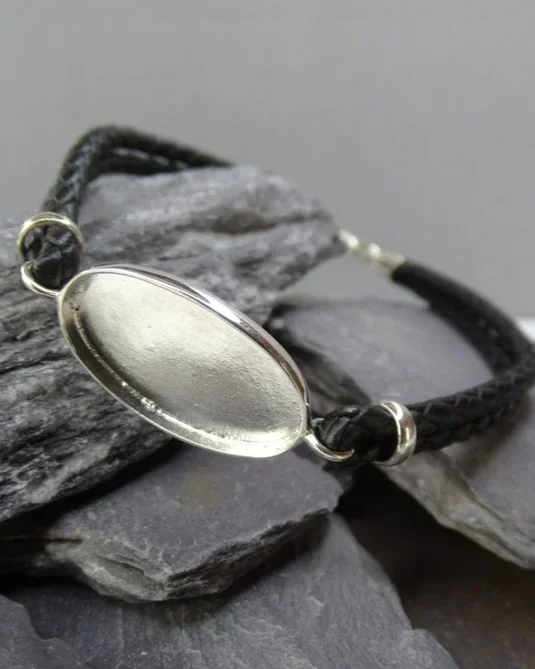 Silver Men’s Oval Memorial Bracelet  with Leather Strap