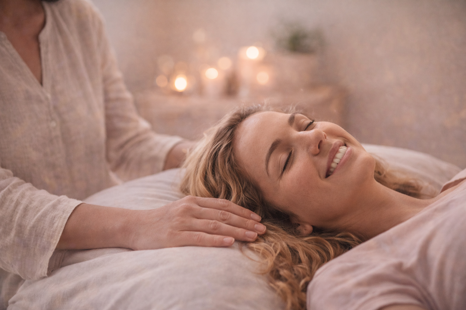 Ontspannen klant na een Reiki behandeling bij Reiki & Engelen, liggend op de behandelbank met gesloten ogen en een rustige glimlach. Zachte hand op de schouder en warm kaarslicht op de achtergrond geven een veilig, sereen gevoel. De foto sluit aan bij erv