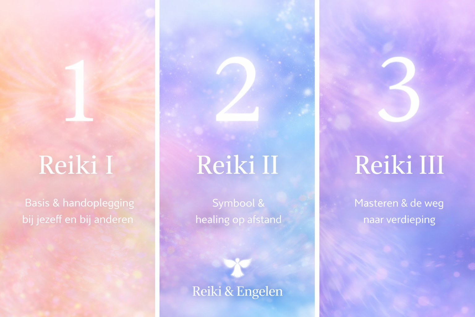 Reiki I, Reiki II en Reiki III cursus visual bij Reiki & Engelen met drie duidelijke niveaus. Links Reiki I met rustige basis-energie en handoplegging, in het midden Reiki II met verdieping, symbolen en healing op afstand, rechts Reiki III met master nive