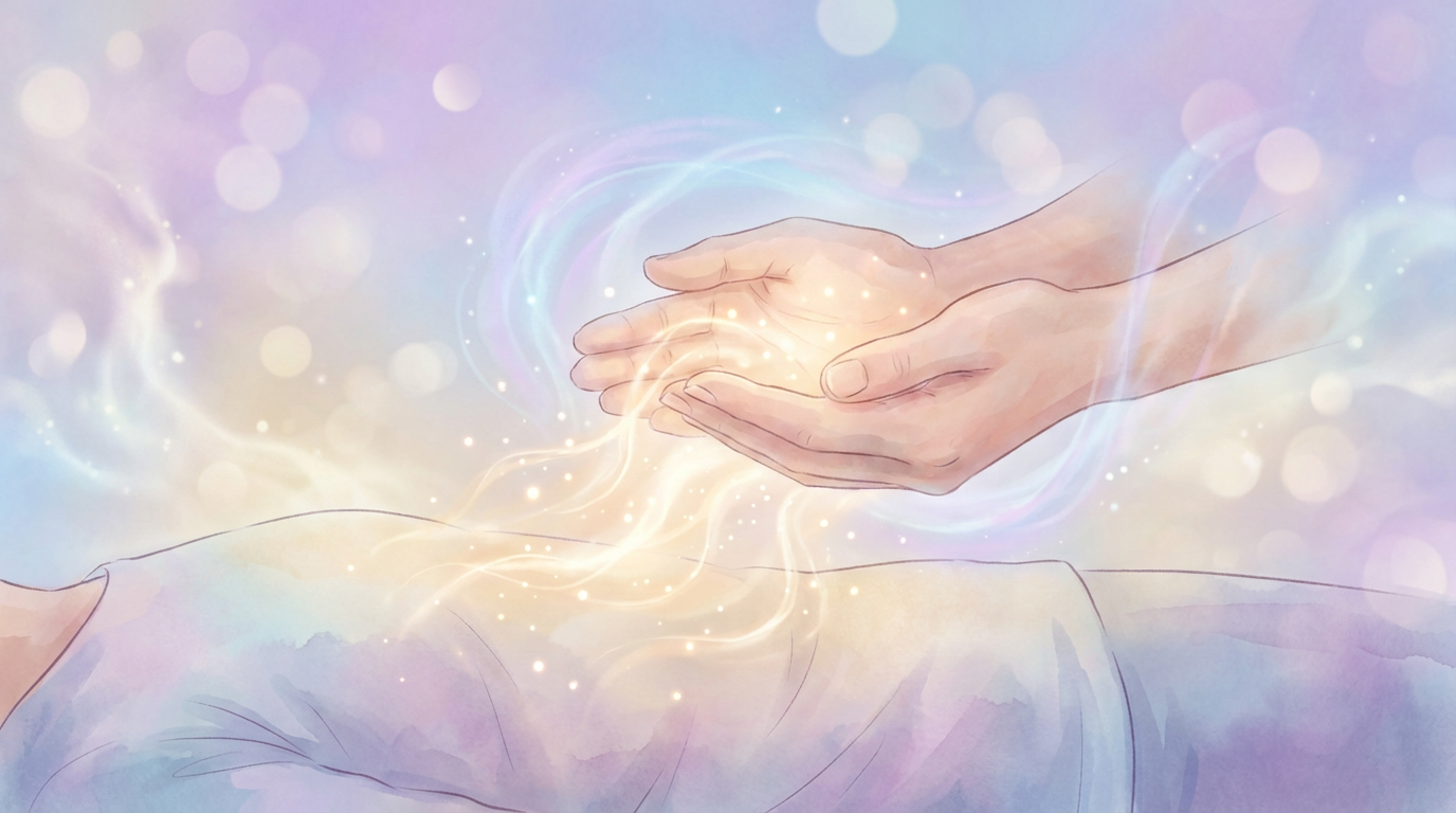 Vrouw die een Reiki-behandeling ontvangt met helende energie die via de handen stroomt, zachte kleuren en rustgevende sfeer