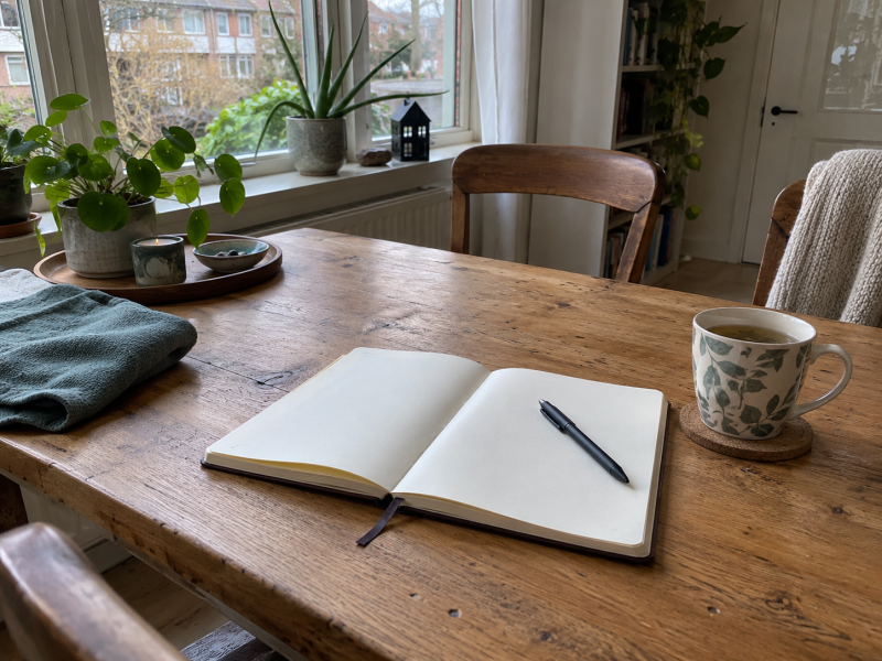 Notitieboek, pen en een kop thee op een houten tafel bij het raam.