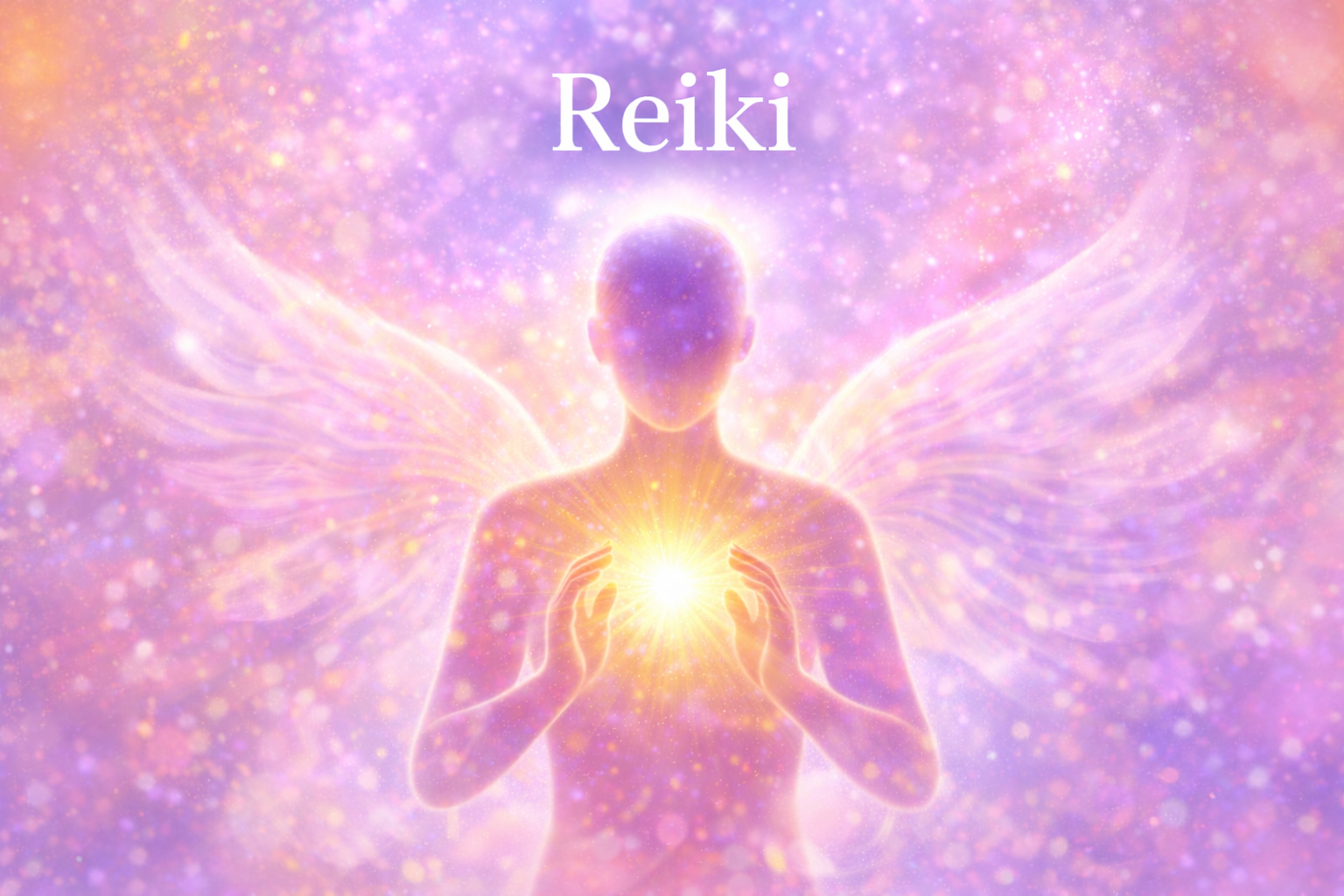 Reiki energie illustratie met lichtbundels en een helder energieveld rond het hartgebied, in warme goudtinten met paars en roze aura lagen. Symbolische weergave van levensenergie, ontspanning, balans en innerlijk weten tijdens een Reiki behandeling of hea