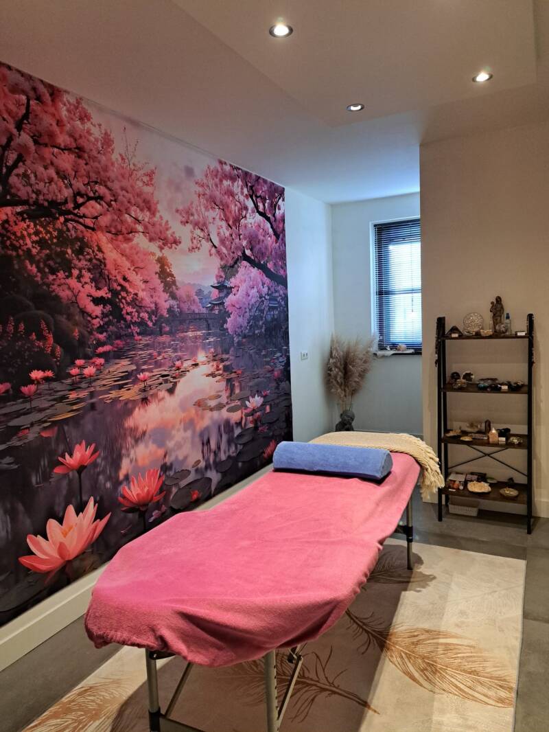 Rustige Reiki-praktijkruimte in Herpen met comfortabele behandeltafel, sfeervolle bloesemwand en spirituele decoratie voor een ontspannende healing-ervaring.