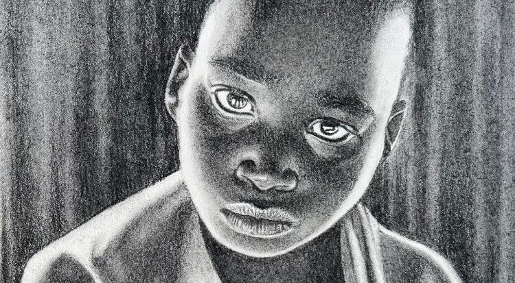deel van een portrettekening van een jongen met houtskool