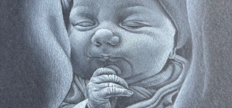 deel van een portrettekening van een baby met witte houtskool