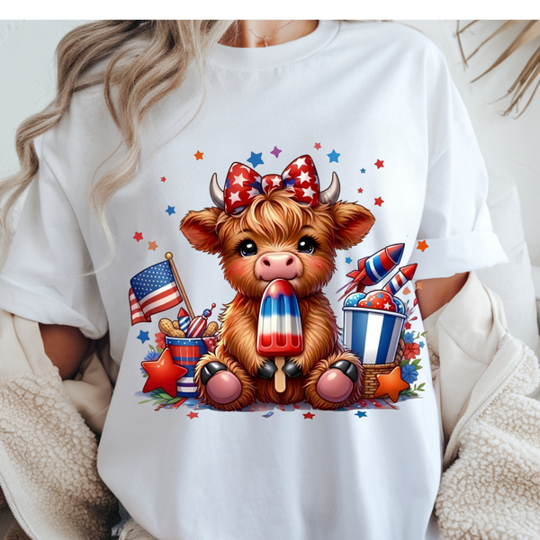 Cute Patriotic Highland Cow Shirt | Red White & Blue 4th of July Tee