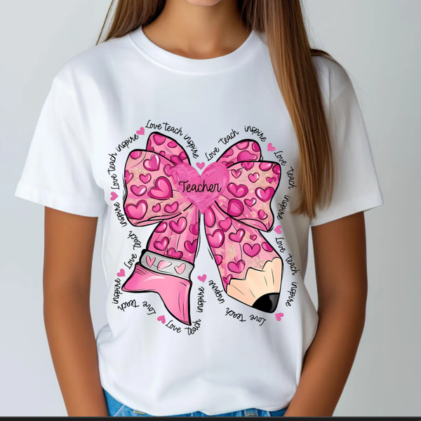 Teacher Heart Bow Graphic Tee | Pink Love Teach Inspire Shirt