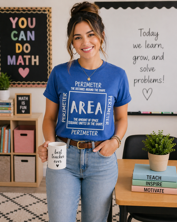 Area & Perimeter Teacher Tee | Blue Geometry Shirt