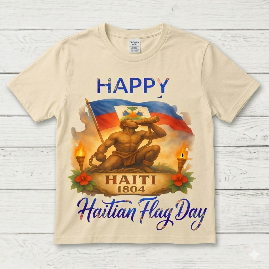 Adult Vintage Watercolor Haitian Flag Day T-Shirt