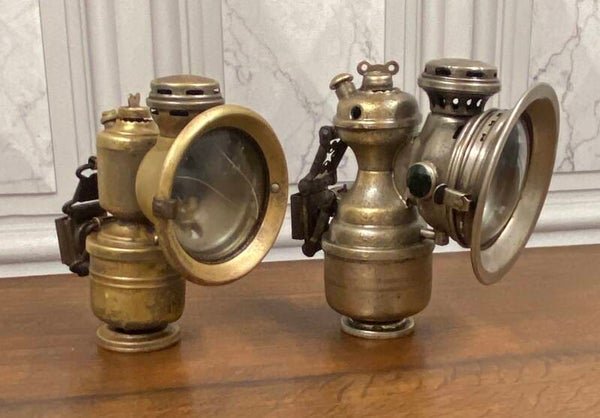 PAIR OF ANTIQUE CARBIDE LAMPS BY POWELL AND HANMET OF BIRMINGHAM