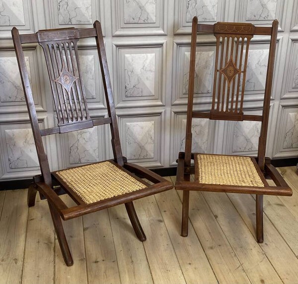 Pair of Edwardian Mahogany Campaign chairs with Satinwood Inlay