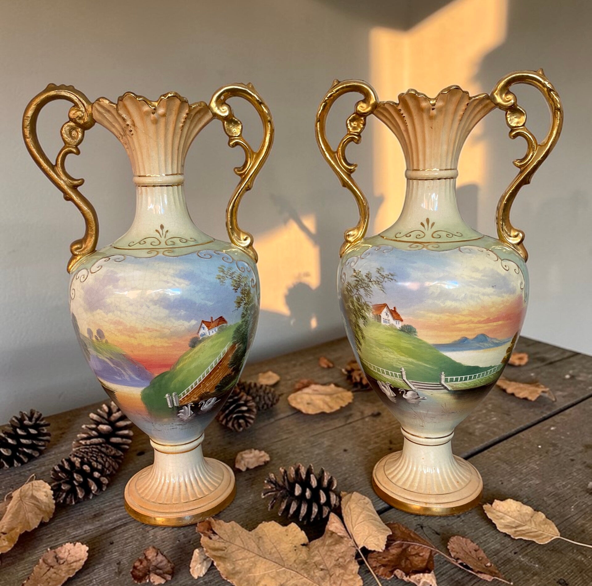 ANTIQUE PAIR OF CERAMIC GARNITURE VASES