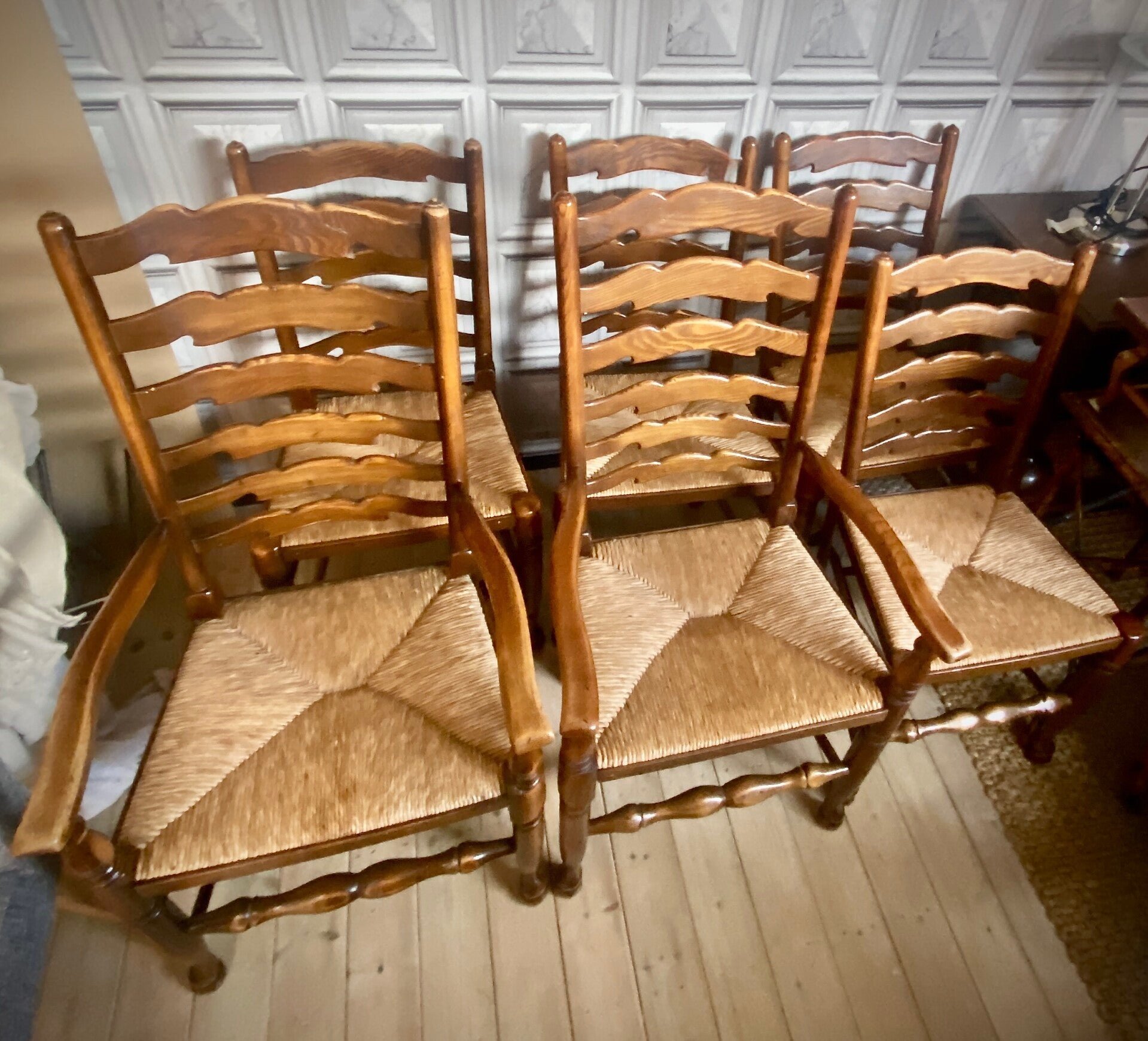 VINTAGE LANCASHIRE STYLE RUSH SEAT DINING CHAIRS