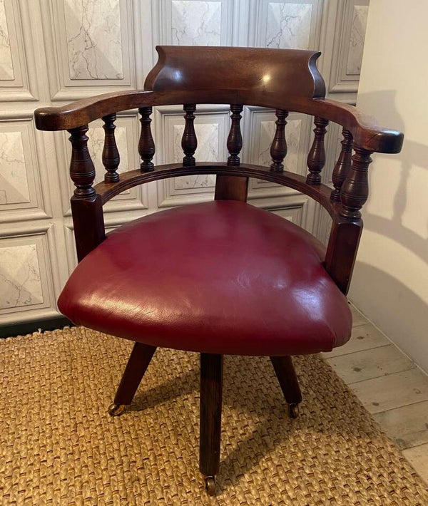 ANTIQUE SWIVEL CAPTAINS CHAIR WITH LEATHER SEAT