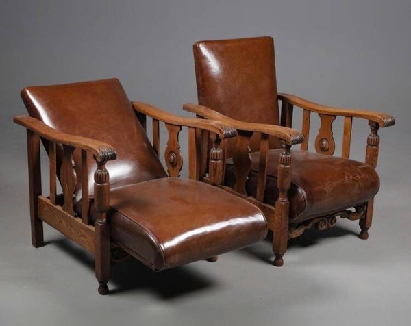 Morris Style Arts and Crafts Reclining Oak Armchairs